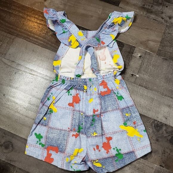 VTG Patchwork Denim Paint Splatter Print Pinafore Romper, size 10 - Picture 2 of 6